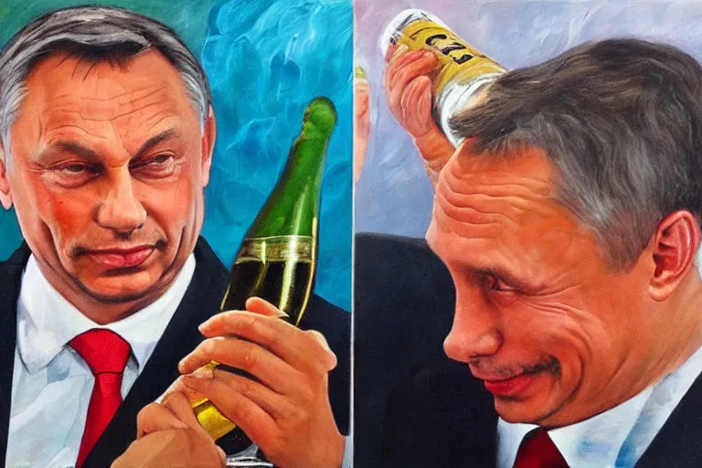 Image similar to viktor orban winking and drinking champagne with putin in front a burning city, oil painting