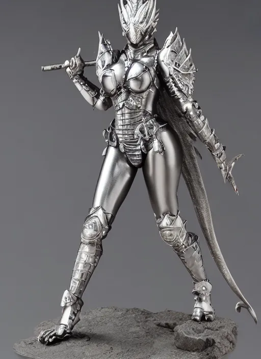 Image similar to 80mm, resin detailed model figure of a female wearing a silver dragon armor