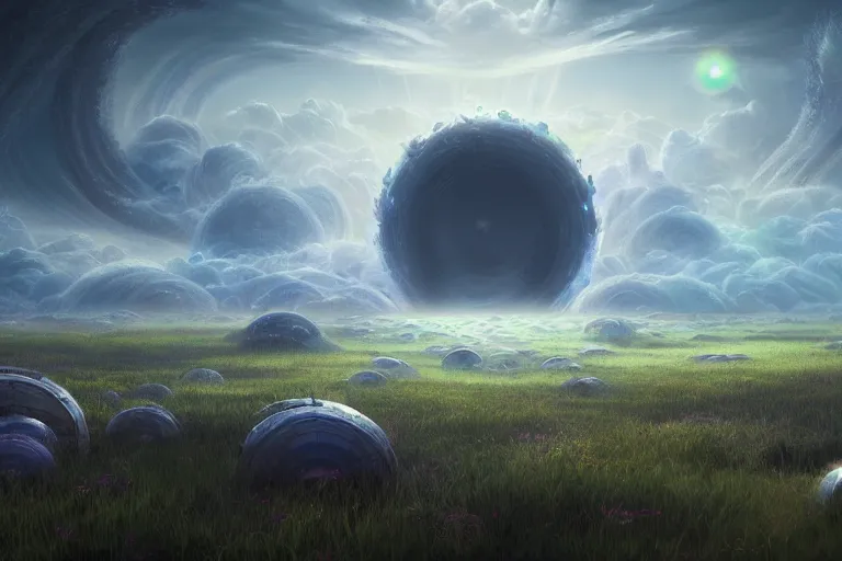 Image similar to a psychedelic realm with rolling plains made out of clouds, and giant portals scattered throughout that lead into the multiverse, in the style of wlop, illustration, epic, fantasy, hyper detailed, smooth, unreal engine, sharp focus, ray tracing