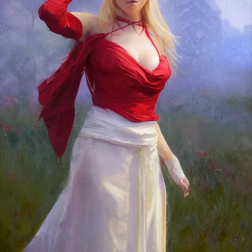 Image similar to Full length portrait painting of Lyse from Final Fantasy XIV, the lady in red, by Richard Schmid and Jeremy Lipking