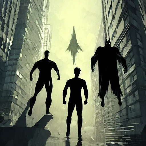 Image similar to Thomas Jane, an illustration of Bruce Wayne and Clark Kent with both Batman and Superman lurking in their shadows, art by Ilya Kuvshinov, highly detailed, comics, epic landscape, HD digital art, artstation