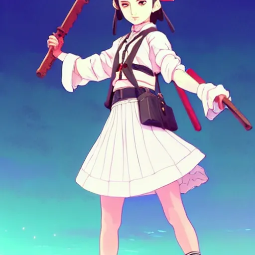 Image similar to a beautiful! boyish! natalie portman model, wearing catholic school girl outfit with mayan pattern and native style, jrpg aztec street fashion, gapmoe yandere grimdark, trending on pixiv fanbox, painted by greg rutkowski makoto shinkai takashi takeuchi studio ghibli, akihiko yoshida