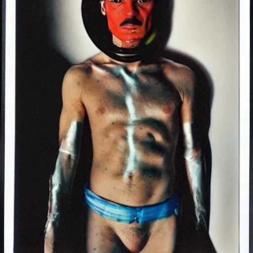 Image similar to an albanian cyborg in antarctica, 9 0 s polaroid, colored, by jamel shabbaz, robert mapplethorpe, davide sorrenti