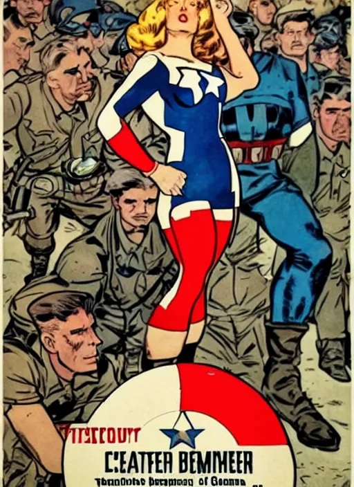 Image similar to beautiful female captain america standing on a pile of defeated, beaten and broken german soldiers. feminist captain america wins wwii. american wwii propaganda poster by james gurney and ralph bakshi. gorgeous face. overwatch.