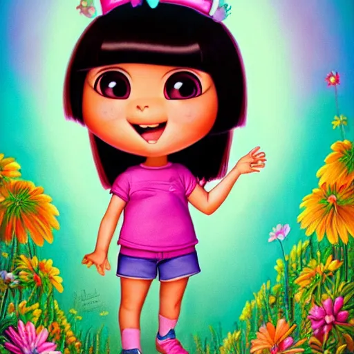 Prompt: dora the explorer as real girl in happy pose, detailed, intricate complex background, Pop Surrealism lowbrow art style, muted pastel colors, soft lighting, 50's looks by Mark Ryden , artstation cgsociety