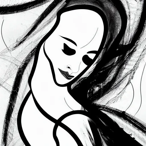 Image similar to the abstract painting of an image of a lady artistic flat illustration by by Patrick Guyton,creative art,soft colors mono chromatic, black color on white background