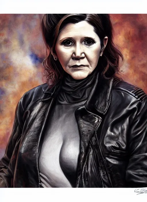 Image similar to portrait of carrie fisher, gritty, dark, wearing a leather jacket, very detailed eyes, hyperrealistic, very detailed painting by Glenn Fabry, by Joao Ruas, by Artgerm