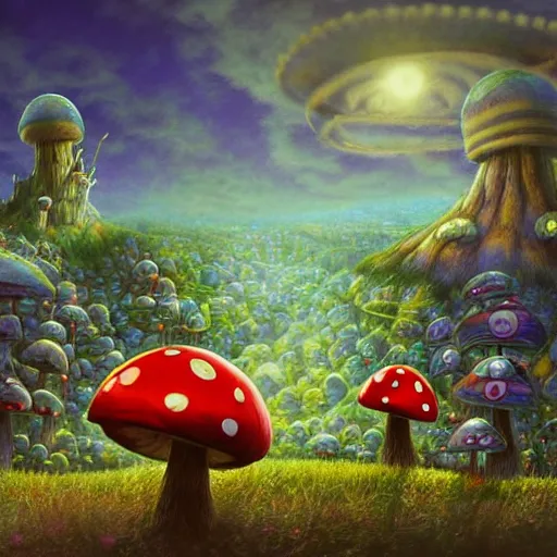 Image similar to 4 k headshot portrait of a psychedelic demonic anthropomorphic ladybug with mushroom themed clothes, magic mushroom village in background by jeff easley, award winning, stylized neon, post - processing, masterpiece, superb resolution. in the art style of junji ito and greg rutkowski. detailed mushroom city in background. hyper realistic anime. perfect art. dalle 2