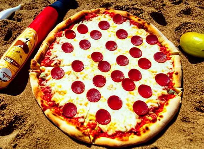 Image similar to clear highly detailed photorealistic food photograph of a pizza salamr with a mikasa beach volleyball next to lying in beach sand