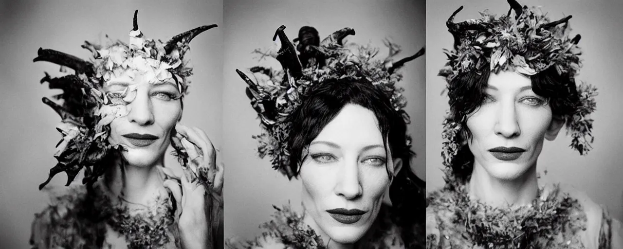 Prompt: 1920s portrait photography of cate blanchett transforming into a monster, edelweiss growing out of her face, goat horns on her head