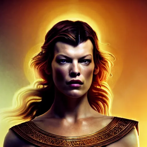 Image similar to milla jovovich as majestic gracious regal goddess persephone portrait, ancient greece, elysium, atmospheric lighting, painted, intricate, volumetric lighting, beautiful, rich deep colours masterpiece, golden hour, sharp focus, ultra detailed, by leesha hannigan, ross tran, thierry doizon, kai carpenter, ignacio fernandez rios