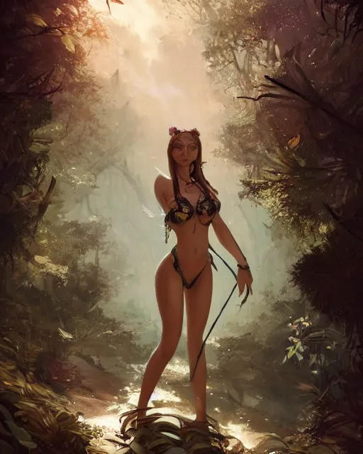 Prompt: A beautiful maid wearing a magical bikini posing in a magical forest, detailed face, 8k face, fantasy art, in the style of greg rutkowski, illustration, epic, fantasy, intricate, hyper detailed, artstation, concept art, smooth, sharp focus