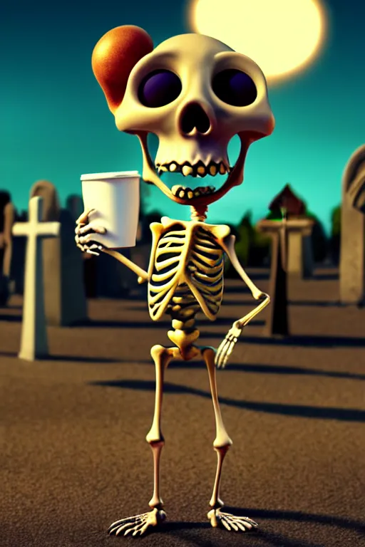 Prompt: a funny skeleton character with big eyes holding a cup of coffee on a cemetery at night. pixar disney 4 k 3 d render movie oscar winning trending on artstation and behance. ratatouille style.