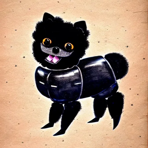 Image similar to a cute black robot pomeranian!!!. ( ( ( alcohol ink on parchment, muted colors, shading!!!, detailed, textured parchment background, 1 9 5 0 s concept art ) ) )