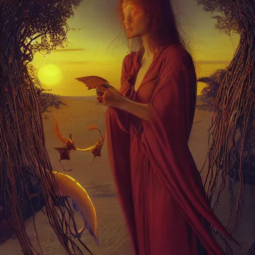 Image similar to Soul eating angels satisfy their hunger, light illumination at sunset, by James C. Christensen height 768-C 9.0