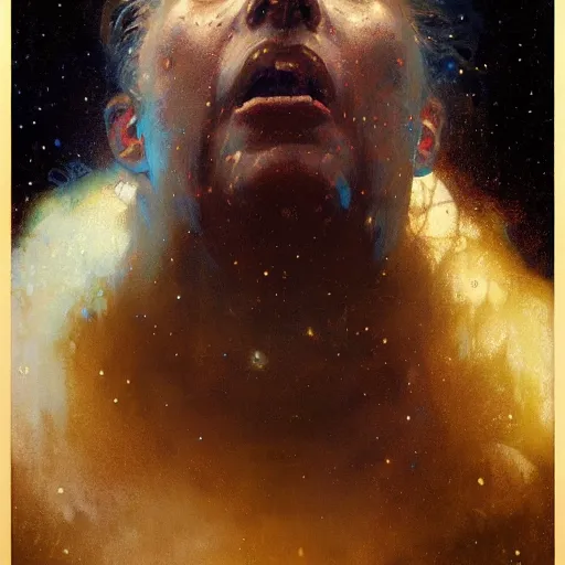 Image similar to hyperrealist portrait of an enormous glowing screaming head made of stars by jeremy mann and alphonse mucha and alan lee, fantasy art, photo realistic, dynamic lighting, artstation, poster, volumetric lighting, very detailed faces, award winning