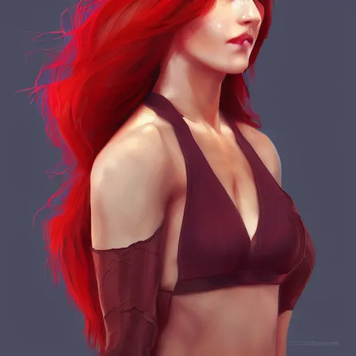 Image similar to a woman wearing a leotardt, full body shot, red hair, highly detailed, digital painting, artstation, concept art, smooth, sharp focus, illustration