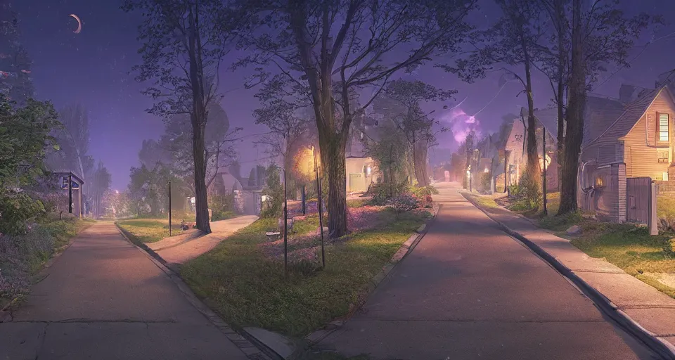 Image similar to a quaint suburban street at night, realistic rendering, unreal engine, 4k, hdr, high dynamic range, f12, by simon stalenhag