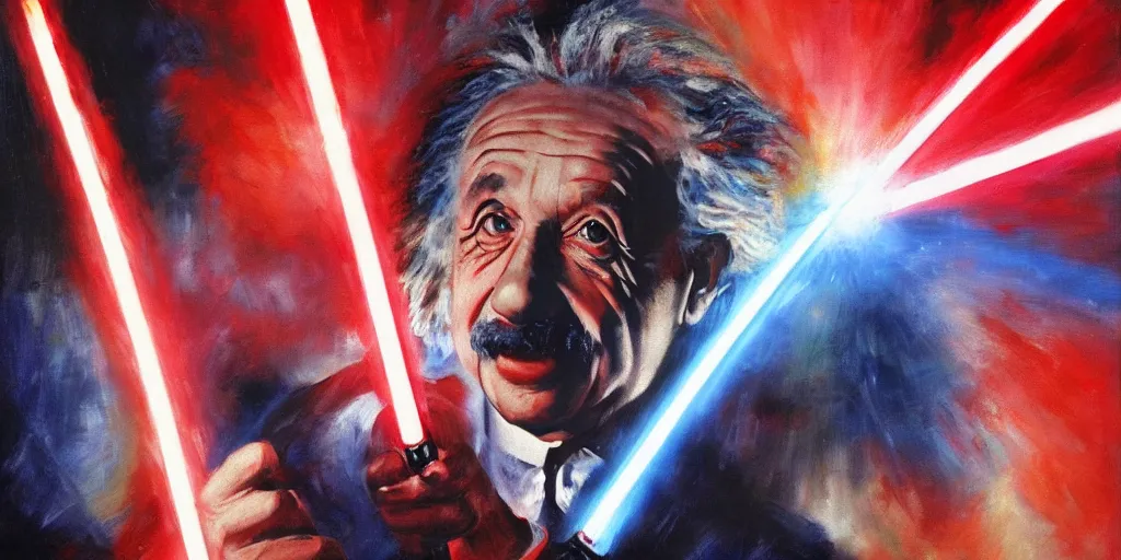 Image similar to Albert Einstein fighting with a red lightsaber, striking lighting, oil painting