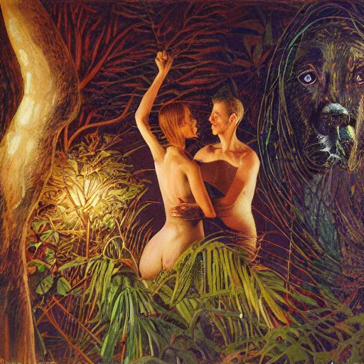 Prompt: the illuminated mystic Rhodesian ridgeback and a man and a woman in love, softly lit from behind, full moon night in the jungle Portrait by Paul Bonner, oil on canvas