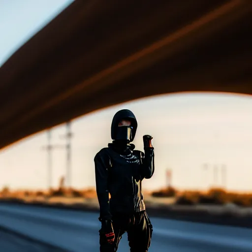 Image similar to photograph of a techwear woman, closeup, on a desert road with a futuristic city in the horizon, one point perspective, long exposure, sigma 85mm f/1.4, 4k, depth of field, high resolution, 4k, 8k, hd, full color