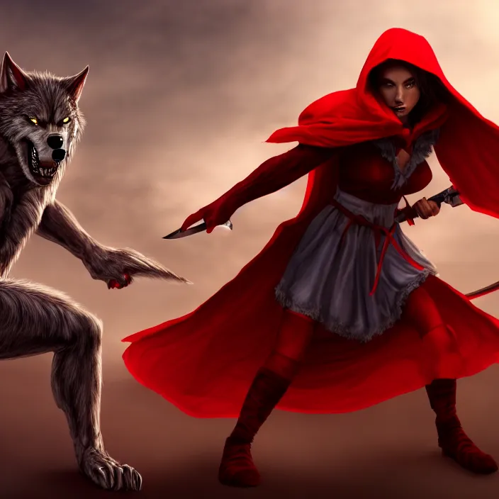 Image similar to a beautiful red riding hood warrior fighting a werewolf. 8k