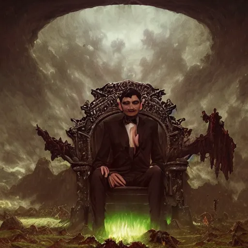 Image similar to An Evil Vampiric Mr. Bean sitting on the throne of hades, fullbody, intricate, demonic, video game art, highly detailed, artstation, green field with village ruins, concept art, smooth, sharp focus, illustration, art by greg rutkowski and orientalism and bouguereau and Zdzislaw Beksinski, good clear quality, lighting, biology, symmetrical artwork, perfect face, 135 mm, cinematic, hyper realism, high detail, octane render, 8k, chrome accents