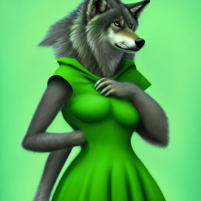 Prompt: a digital painting of an anthropomorphic female wolf fursona wearing a green dress, symmetry, focus, furry, soft lighting, oil on canvas, hyper detailed