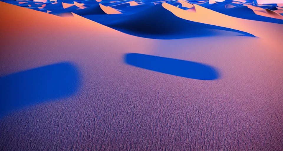 Image similar to as the light rises the edges of the desert dunes glow blueish, the sunlight twisted and refracted. artstation, cgsociety, blue color scheme.