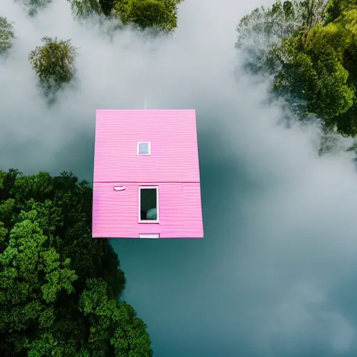 Image similar to a 5 0 mm lens photograph of a cute pink floating modern house, floating in the air between clouds, inspired by the movie up, held up from above by heart ballons. mist, playful composition canon, nikon, award winning, photo of the year