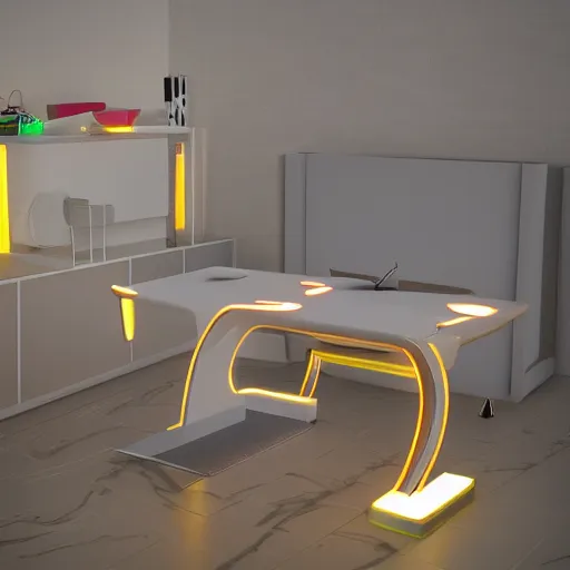 Prompt: futuristic neon lighted furniture, highly detailed, realistic, rendered in octane, unreal engine