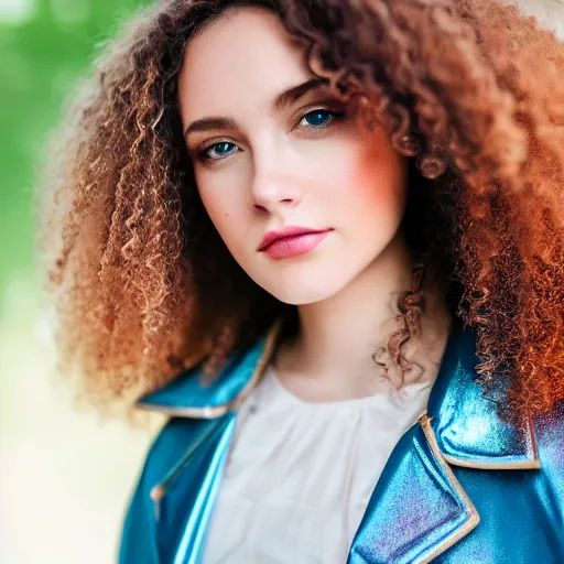 Prompt: selfie of a young woman, wearing a translucent and iridescent jacket, curly long hair, caucasian, sigma 85mm f/1.4, 4k, depth of field, high resolution, 4k, 8k, hd, full color