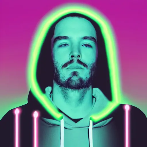 Image similar to bryce wayne in hoodie, portrait, vaporwave, synthwave, neon, vector graphics, cinematic, volumetric lighting, f 8 aperture, cinematic eastman 5 3 8 4 film