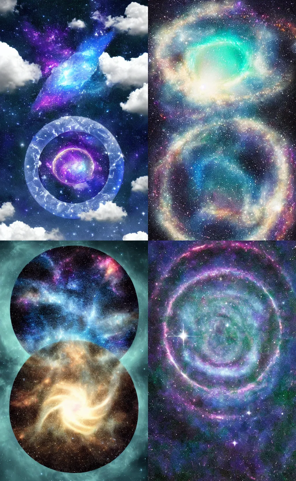 Prompt: Clouds in the sky with a galaxy portal, sacred geometry