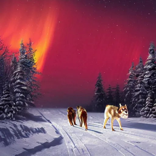 Prompt: a winter scene at night, northern lights, dog sled team, matte painting, high quality, trending on artstation