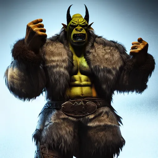 Image similar to A full body shot of a handsome orc looking into the camera wearing a fur jacket and boots, full body shot, artstation, realistic, highly detailed, symmetrical, hyper realism, high detail, octane render, unreal engine, 8k, fantasy art, highly detailed, concept art