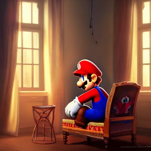 Image similar to mario sitting in a chair in his living room with sunlight pouring in through a window, portrait, fantasy, beautiful face, vivid colors, elegant, concept art, sharp focus, digital art, hyper - realistic, 4 k, unreal engine, highly detailed, hd, dramatic lighting by brom, trending on artstation