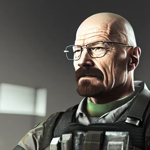 Image similar to walter white as a rainbow six siege operator, 4 k, highly detailed