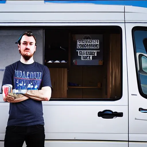 Image similar to a frowning creative director in front of a sprinter van, illustration by jordan grimmer and greg rutkowski