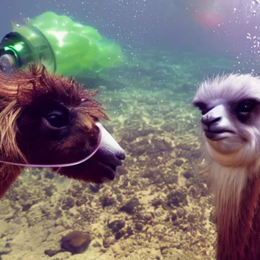 Image similar to llama and sloth underwater blowing bubbles