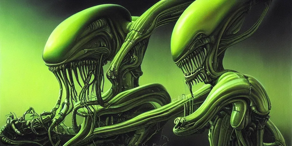 Image similar to a painting of a alien creature with a green background, an ultrafine detailed painting by h. r. giger, artstation, space art, reimagined by industrial light and magic, # vfxfriday, cosmic horror