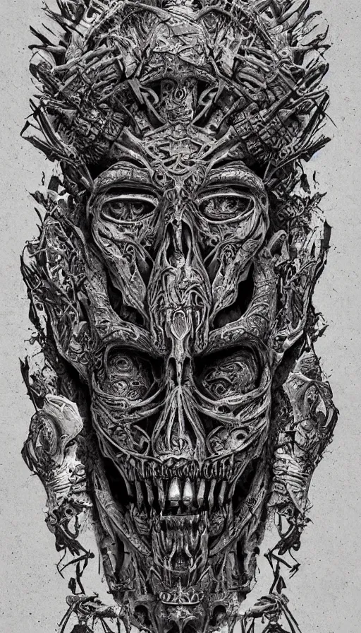 Image similar to ancient biomechanical hybrid aztec fantasy beautiful undead symmetrical human face skull mask tattoo pattern concept, teonanacatl glyph, intricate artwork by, Johnatan Wayshak, Zdizslaw Beksinski, face by Artgerm, H.R. Giger, very coherent artwork, cinematic, hyper realism, high detail, octane render, unreal engine, 8k, High contrast, higly detailed black ink outline, crosshatch sketch gradient