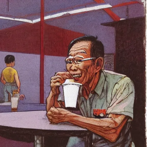 Image similar to concept art of an old singaporean man wearing a singlet drinking coffee in a hawker centre, by moebius