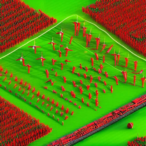 Image similar to Large field with an army of red and green lawn gnomes wielding midieval weaponry, axonometric exploded view, high detail, 8k, photorealistic