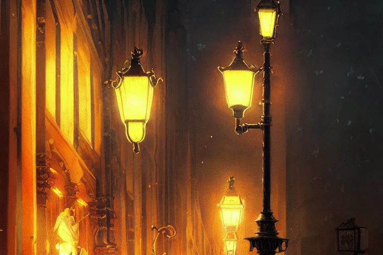 Prompt: baroque oil painting of anime key visual concept art of an ornate detailed oil lamppost at night, rusty black metal, flickering flame, reflective mapping, trending on artstation, palette knife and brush strokes, oil on canvas, style of makoto shinkai greg rutkowski studio ghibli genshin impact