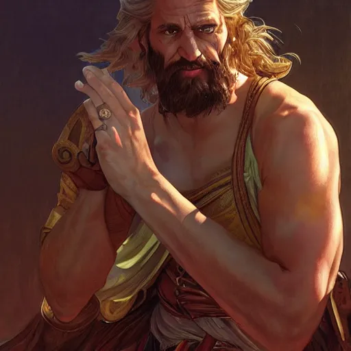 Image similar to dnd character concept portrait, arrogant ancient greek philosopher debating, detailed, high quality, dynamic lighting, fantasy, artwork by artgerm, wlop, alex ross, greg rutknowski, alphonse mucha