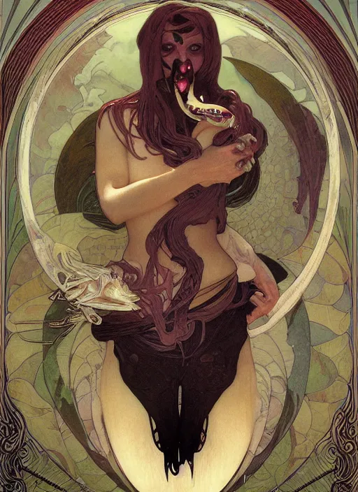 Prompt: portrait of a vampire!!!! with a sea lamprey!!!! mouth!!!, in the styles of ( national geographic ), alphonse mucha, peter mohrbacher, gerald brom, and marc simonetti, intricate, hyperrealistic, volumetric lighting