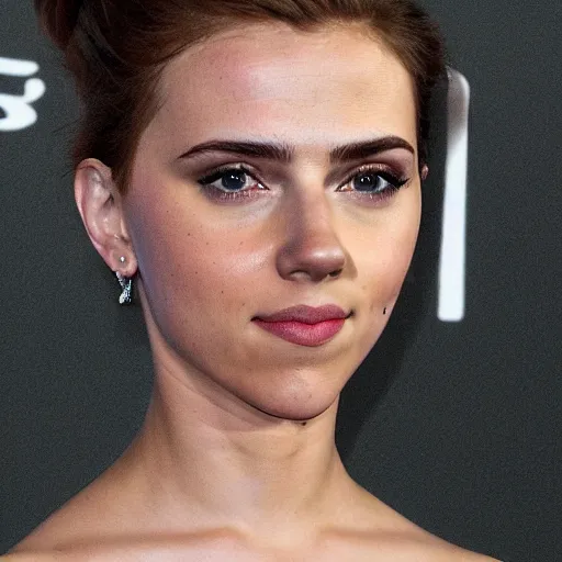 Image similar to a woman who is a genetic combination of scarlett johansson and emma watson face and upper - body focus