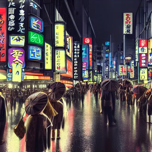 Prompt: Yokai march on a rainy night in Tokyo, realistic, 4k, high detail,