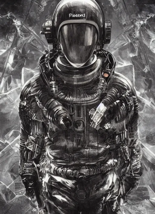 Image similar to polaroid astronauts in dark and empty void underwater - complex and hyperdetailed technical suit. reflection and dispersion materials. rays and dispersion of light. volumetric light. 5 0 mm, f / 3 2. noise film photo. flash photography. ultra realistic, wide angle. poster by wayne barlowe, hajime sorayama aaron horkey, craig mullins